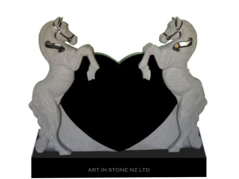 A Black Granite Horses with Heart Headstone