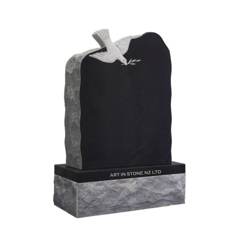beautiful black granite Rock edge carved dove headstone