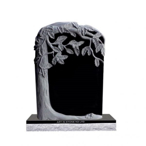 Black Granite Carved Tree Headstone on a Standard Base AIS 7027